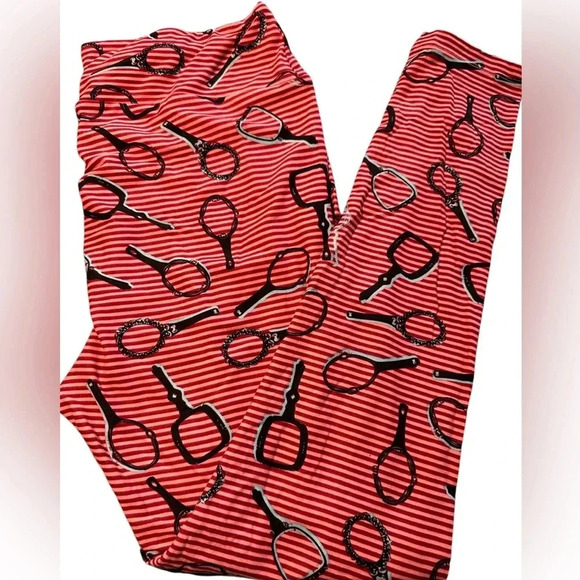 Lularoe TC hand mirror leggings. Red & pink pinstripe with hand mirrors NWOT - Picture 2 of 7